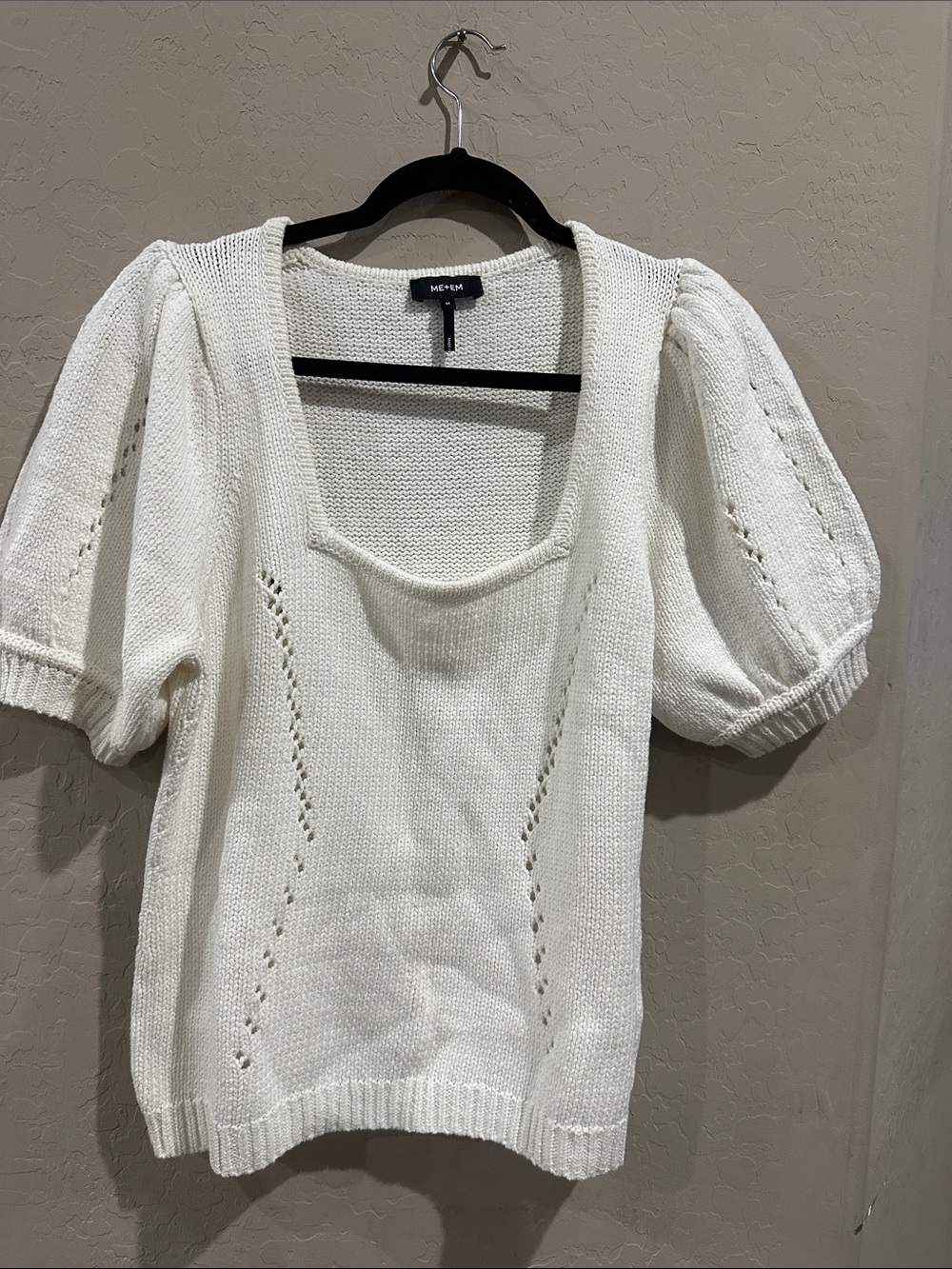 ME+EM Cream Puff-Sleeve Scoop Neck Knit Sweater